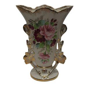 Antique Porcelain Cornucopia Vase Pink Red Roses Gilt Leaves Floral Design